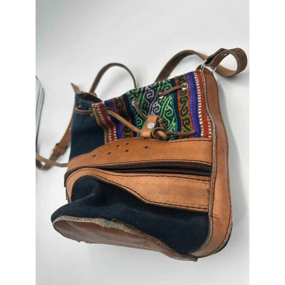 Boho Leather Woven Textile Bucket Bag Crossbody Drawstring Tribal Pattern Brown